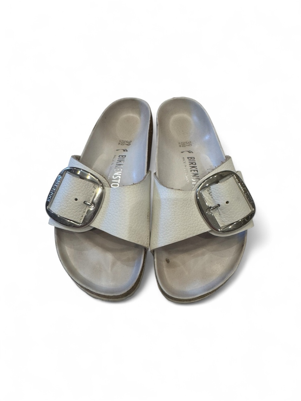 Birkenstock White Slide Sandals with Silver Buckles